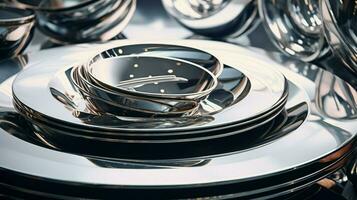 shiny circle of metal crockery on clean table photo