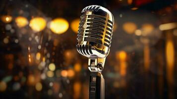 shiny chrome microphone glows under nightclub spotlight photo