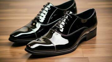 brillante negro cuero Zapatos exudar moderno lujo foto