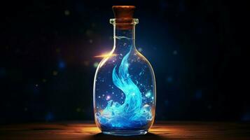 shiny glass bottle with blue liquid glowing brightly photo