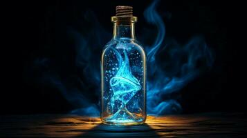 shiny glass bottle with blue liquid glowing brightly photo
