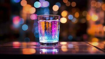 shiny glass of liquid on table illuminated in defocused photo