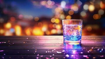 shiny glass of liquid on table illuminated in defocused photo