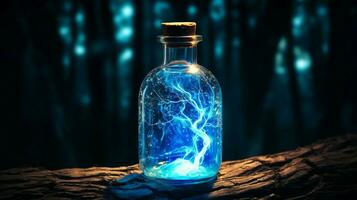 shiny glass bottle with blue liquid glowing brightly photo