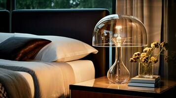shiny glass lamp illuminates modern bedroom decor elegant photo