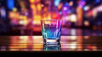 shiny glass of liquid on table illuminated in defocused photo