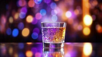 shiny glass of liquid on table illuminated in defocused photo