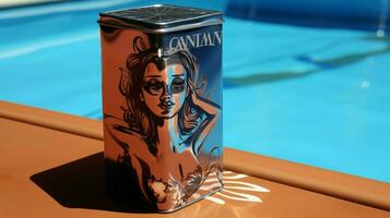 shiny metal container holds liquid suntan lotion photo