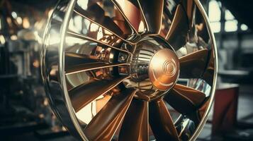 shiny metallic engine propeller turning in workshop photo