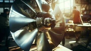 shiny metallic engine propeller turning in workshop photo