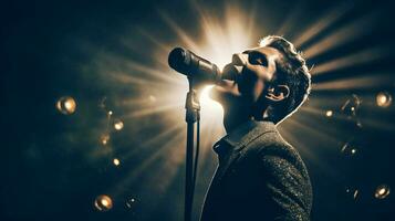 shiny microphone illuminates singer face on stage photo