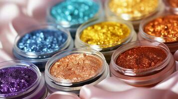 shiny multi colored eyeshadow set with glitter decoration photo