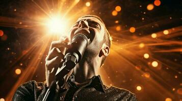 shiny microphone illuminates singer face on stage photo