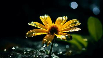 shiny raindrop illuminated a yellow flower at night photo