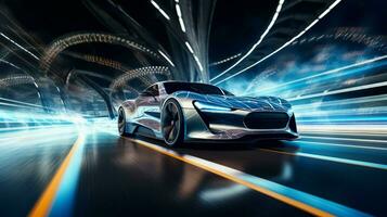 shiny sports car driving on illuminated sports track photo