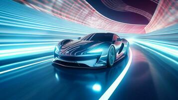 shiny sports car driving on illuminated sports track photo