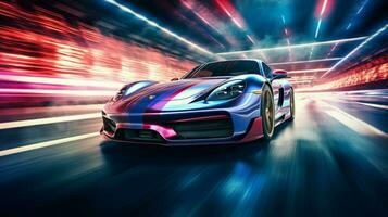 shiny sports car driving on illuminated sports track photo