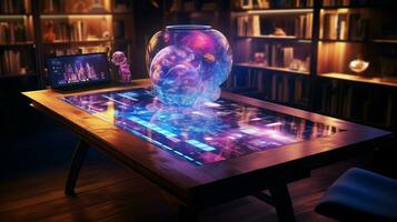 shiny touch screen on wooden table illuminates room photo