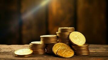 shiny yellow coins stack on old wooden table photo