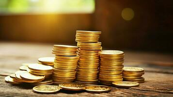 shiny yellow coins stack on old wooden table photo