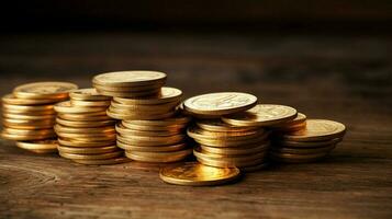 shiny yellow coins stack on old wooden table photo