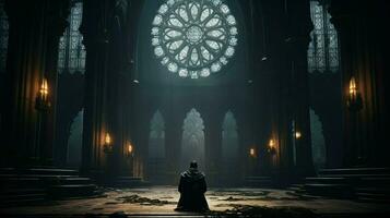 silent prayer in majestic gothic basilica chapel photo