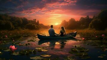 silencio romance en tranquilo puesta de sol estanque kayak foto