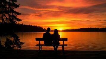 silhouette couple sitting on jetty at sunset photo