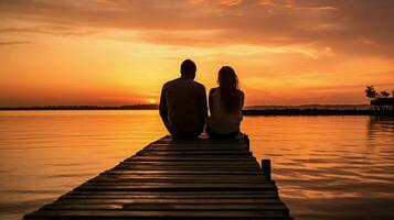 silhouette couple sitting on jetty enjoying sunset photo