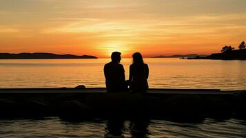 silhouette couple sitting on jetty at sunset photo