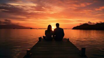 silhouette couple sitting on jetty enjoying sunset photo