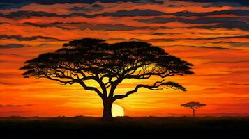 silhouette of acacia tree in golden sunset photo