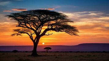 silhouette of acacia tree on plain tranquil dawn in africa photo