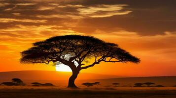 silhouette of acacia tree in golden sunset photo