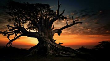 silhouette of an old tree trunk at dusk photo