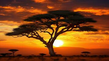 silhouette of acacia tree in golden sunset photo