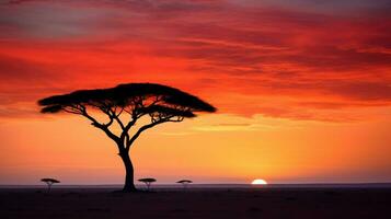 silueta de acacia árbol en llanura tranquilo amanecer en África foto