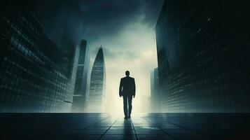 silhouette of businessman walking towards modern skyscrap photo
