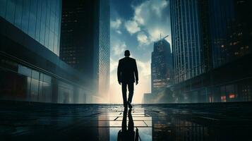 silueta de empresario caminando hacia moderno rascacielos foto