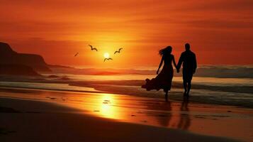 silhouette of couple walking on the beach photo