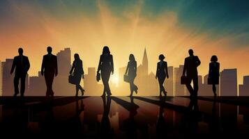 silhouette of businessmen and women walking to success photo