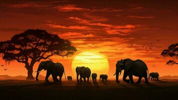 silhouette of large elephant herd at sunset photo