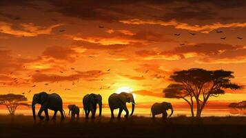 silhouette of large elephant herd at sunset photo