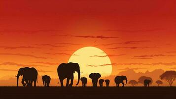 silhouette of large elephant herd at sunset photo