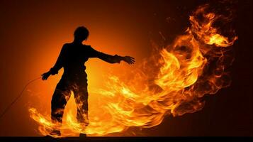 silueta de uno persona trabajando ardiente fuego foto