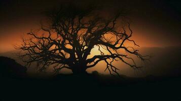 silhouette of spooky tree on misty night photo