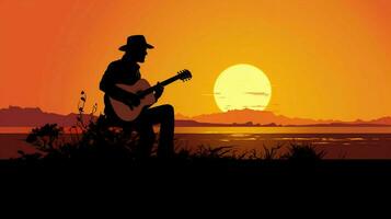 silueta de músico jugando guitarra a puesta de sol foto