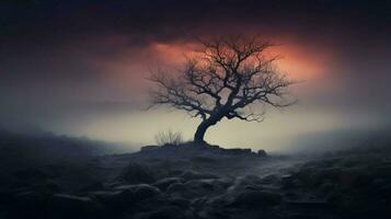 silhouette of tree in spooky foggy landscape photo