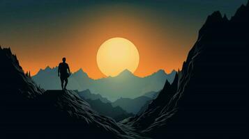 silhouette of one person hiking mountain peak photo