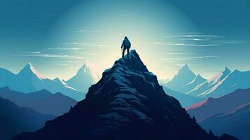 silhouette of one person hiking mountain peak photo